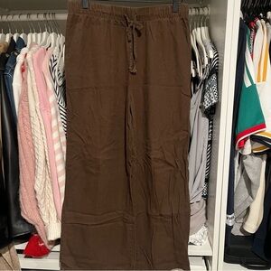 Linen Blend Brown Drawstring Pants
